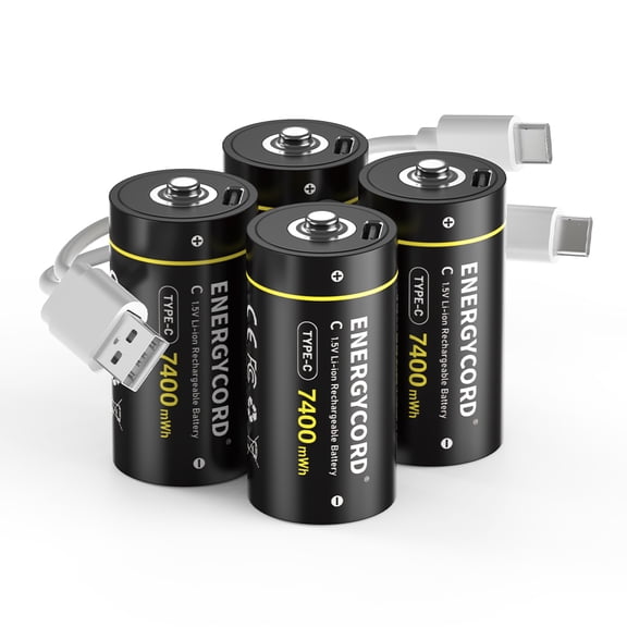 Rechargeable Lithium C Batteries 4 Pack, 1.5V 7400mWh C Cell Batteries with 2 in 1 USB-C Charging Cable, High Capacity Size C Li-ion Battery for Floodlight Toys, Recharge up to 1200+ Cycles