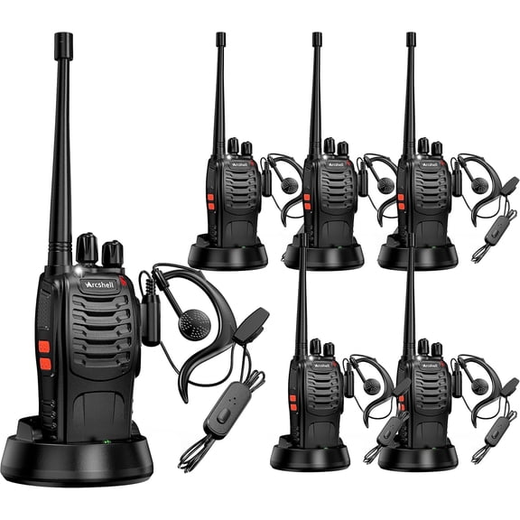 Rechargeable Long Range Two-Way Radios with Earpiece 6 Pack AR-5 Walkie Talkies Li-ion Battery and Charger Included