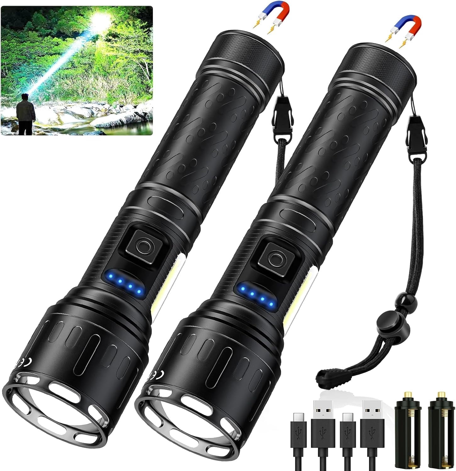 2-Pack Rechargeable LED Flashlights - High Lumens, 8 Modes, Waterproof, with COB Work Light - Great for Camping (Black, Paper Box Packaging)