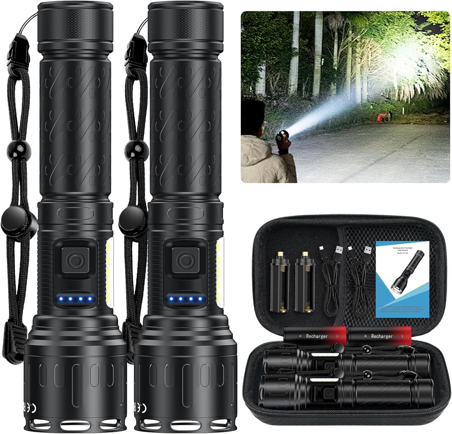Rechargeable Magnetic Flashlights,Super Bright LED Powerful Flashlight with COB Work Light,IPX5 Waterproof 8 Modes 2 Pack