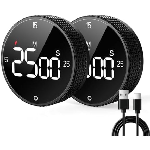 Rechargeable Magnetic Kitchen Timer for Cooking, Building 800mAh Battery Large Display Digital Countdown Countup Timer, 3 Preset 5/15/25 Mins Loud Alarm for Baking Grilling Studying - 2PCS