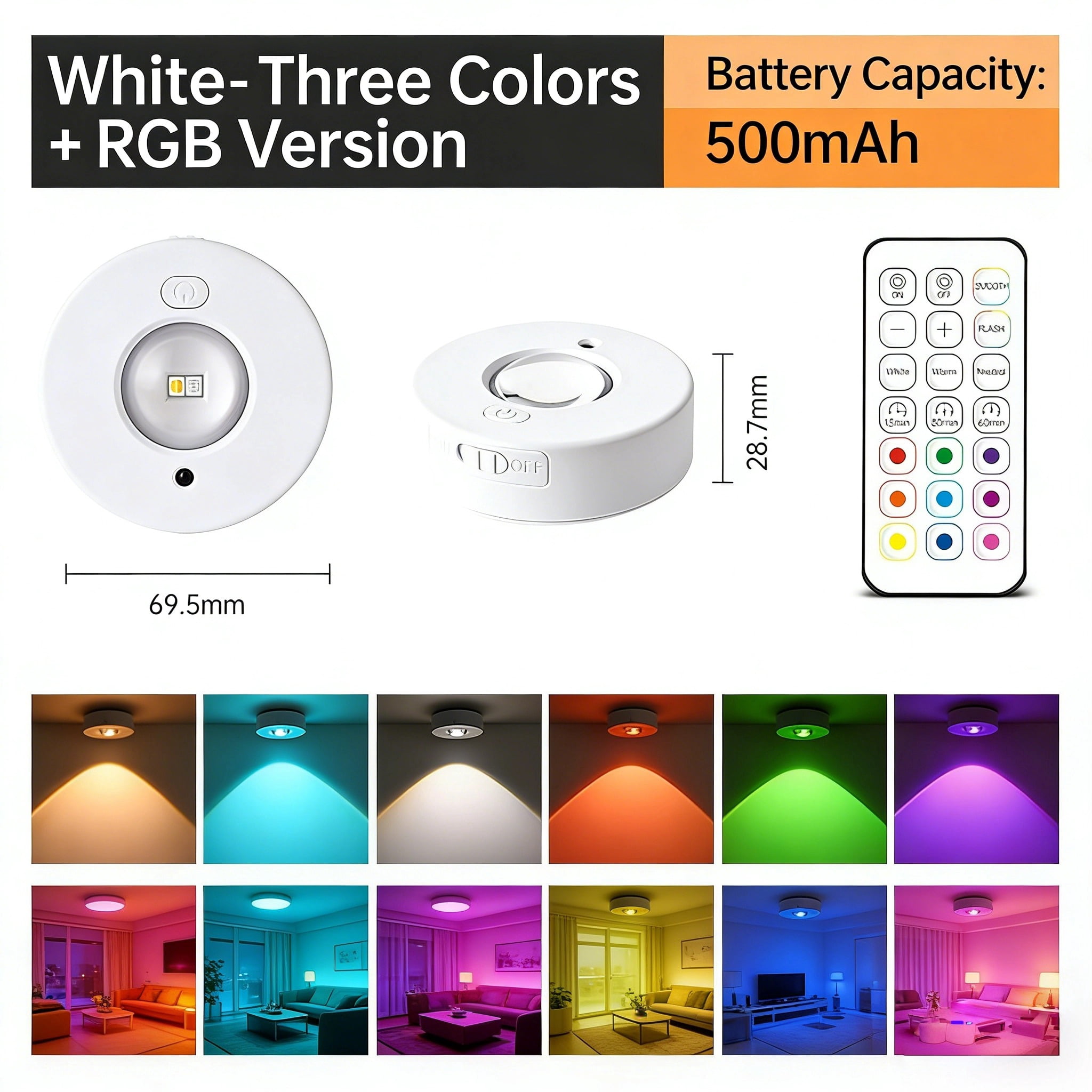 Rechargeable Magnetic LED Puck Lights, RGB Color Changing Under Cabinet Lighting with Remote Control, Dimmable Wireless Closet Lights for Kitchen, Wine Cabinet, Wardrobe, Display Case - 3 Pack
