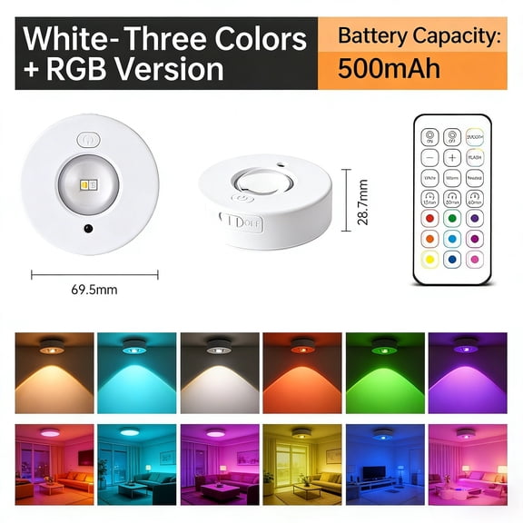 Rechargeable Magnetic LED Puck Lights, RGB Color Changing Under Cabinet Lighting with Remote Control, Dimmable Wireless Closet Lights for Kitchen, Wine Cabinet, Wardrobe, Display Case - 1 Pack