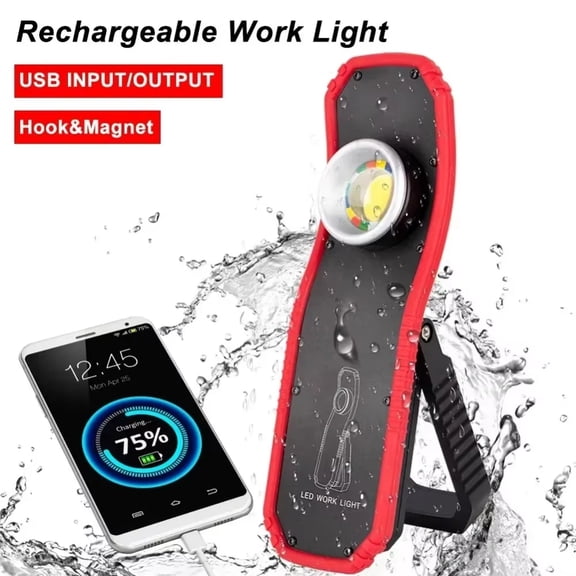 Rechargeable Magnetic Light, 8X2 In, Cob Led Chip, Usb Charging, Mechanic Repairs, Night Work, Red Black, 1 Pc