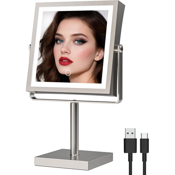 Rechargeable Makeup Mirror, 4000mAh Lighted Makeup Mirror with Magnification1X/10X, Height Adjustable Vanity Mirror with Lights, 3 Color Lights, Adjust Brightness, 360°Rotation(Brushed Nickel)