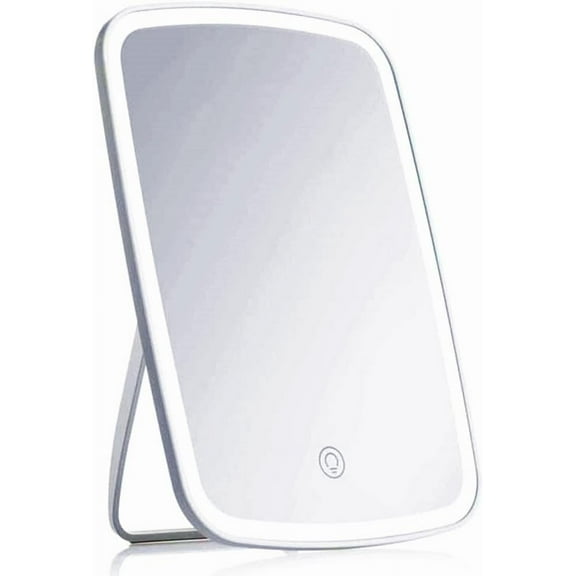 Rechargeable Makeup Mirror with Lights, Portable Travel Lighted Vanity Mirror, Dimmable Touch Screen Tabletop LED Make up Mirrors, Adjustable Standing Angle Mirror with Hanging Hole,White