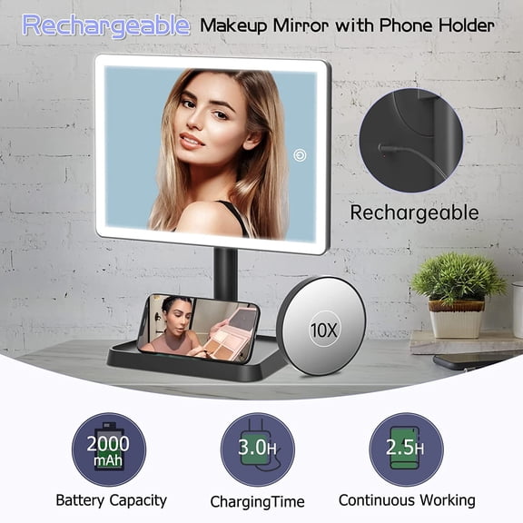 Rechargeable Makeup Vanity Mirror with Lights, Large Lighted Desk Makeup Mirror with 96 LED Lights and 10x Magnifying, 3 Color Lighting, Make up Light Mirror with Phone Holder,Black