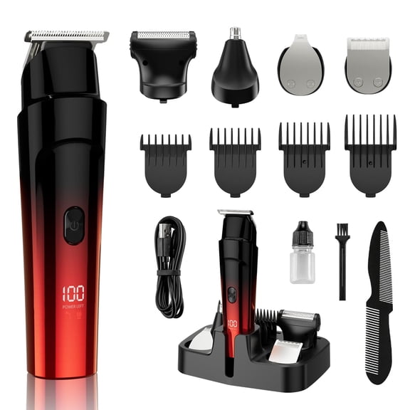 Rechargeable Men's Hair Clippers & Body Hair Trimmer Home Haircut & Grooming Set with LED Display 5 in 1 Kit Cordless Mustache Body Face Beard Trimmer for Men Waterproof Beard Shaver (Red)