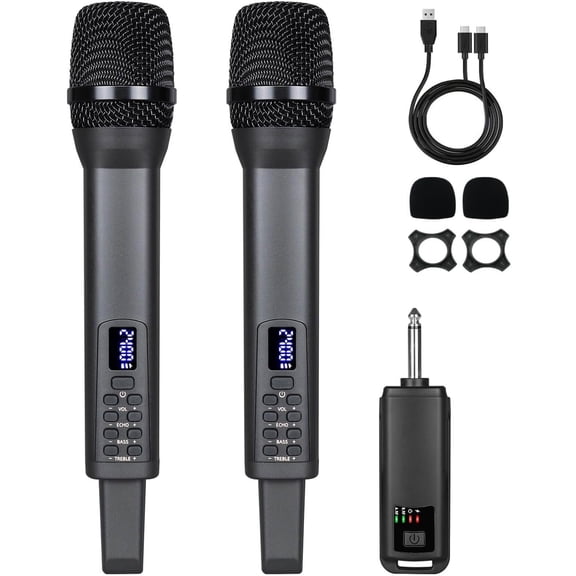 Rechargeable Microphones , Pro Handheld Cordless Mics System Dynamic with Echo Treble BASS VOL Control for Karaoke Singing Church Party, 1/4'' Output, D240, Grey