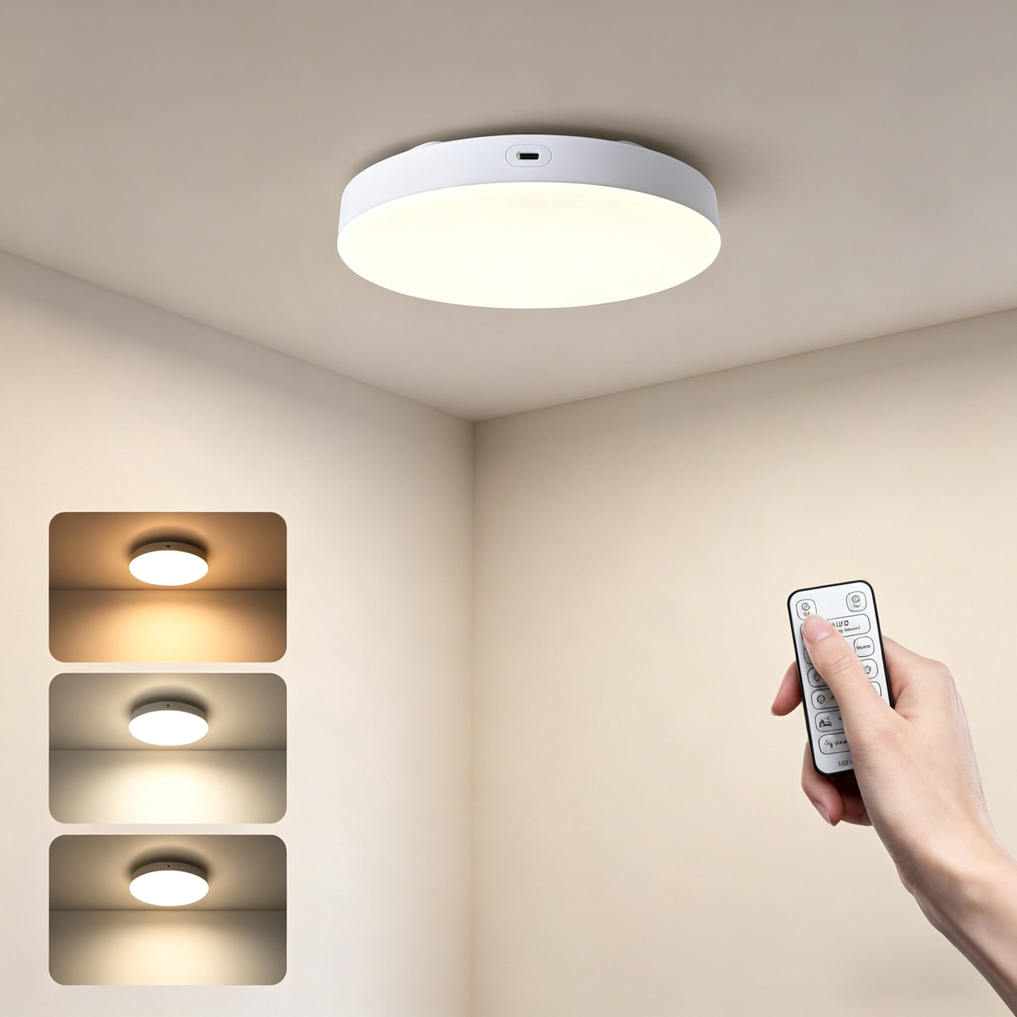 Rechargeable Microwave Motion Sensor Ceiling Light with Remote, Dusk to Dawn, 5m/360° Range, Dimmable Wireless Wall Lights for Living Room, Bedroom, Kitchen, Hallway, Garage