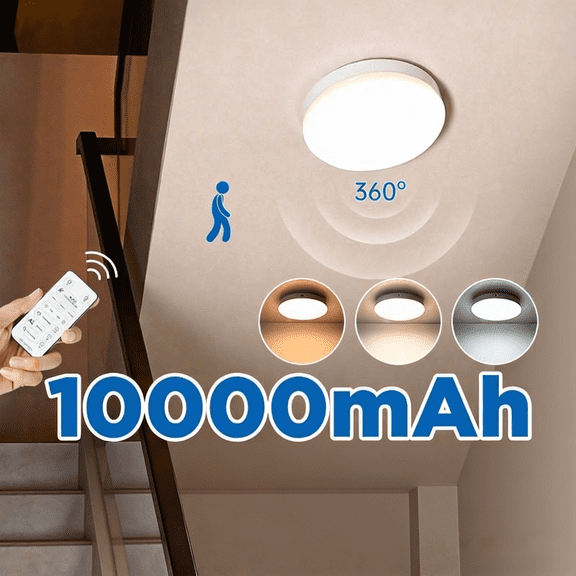 Rechargeable Microwave Motion Sensor Ceiling Light with Remote, Dusk to Dawn, 5m/360° Range, Dimmable Wireless Wall Lights for Living Room, Bedroom, Kitchen, Hallway, Garage