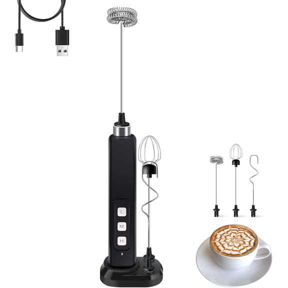 Rechargeable Milk Frother Handheld with 3 Detachable Stainless Whisks, 3 Speed Adjustable Drink Mixer, Mini Frother Wand for Coffee, Matcha, Protein Shakes, with Charging Base and Whisk Storage