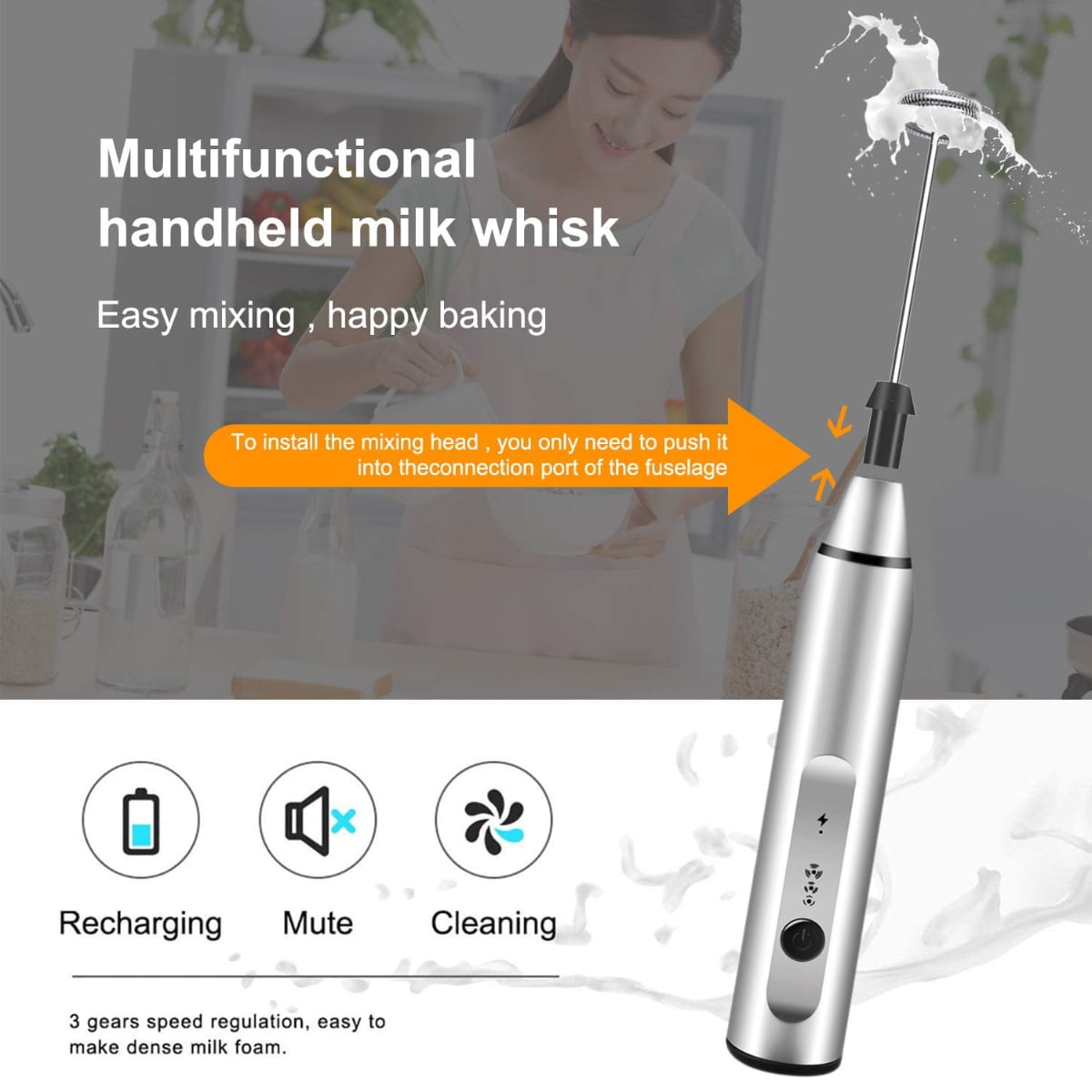 Fivcuer Rechargeable Milk Frother - 2 Heads, 3 Speeds, With Stand, For Coffee, Matcha, Eggs (Black)