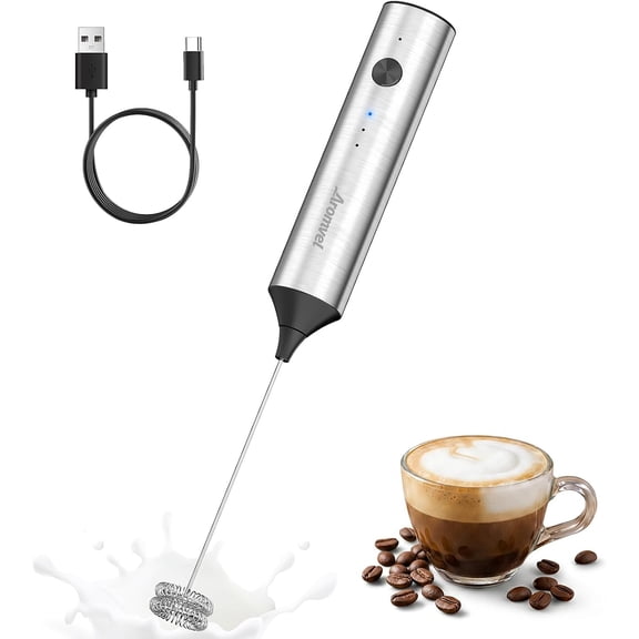 Rechargeable Milk Frother Handheld, Electric Foam Maker with Dual Spring Whisk, 3 Speeds for Coffee, Latte, Matcha, Hot Chocolate, Portable Charging USB-C Stainless Steel Hand Drink Mixer