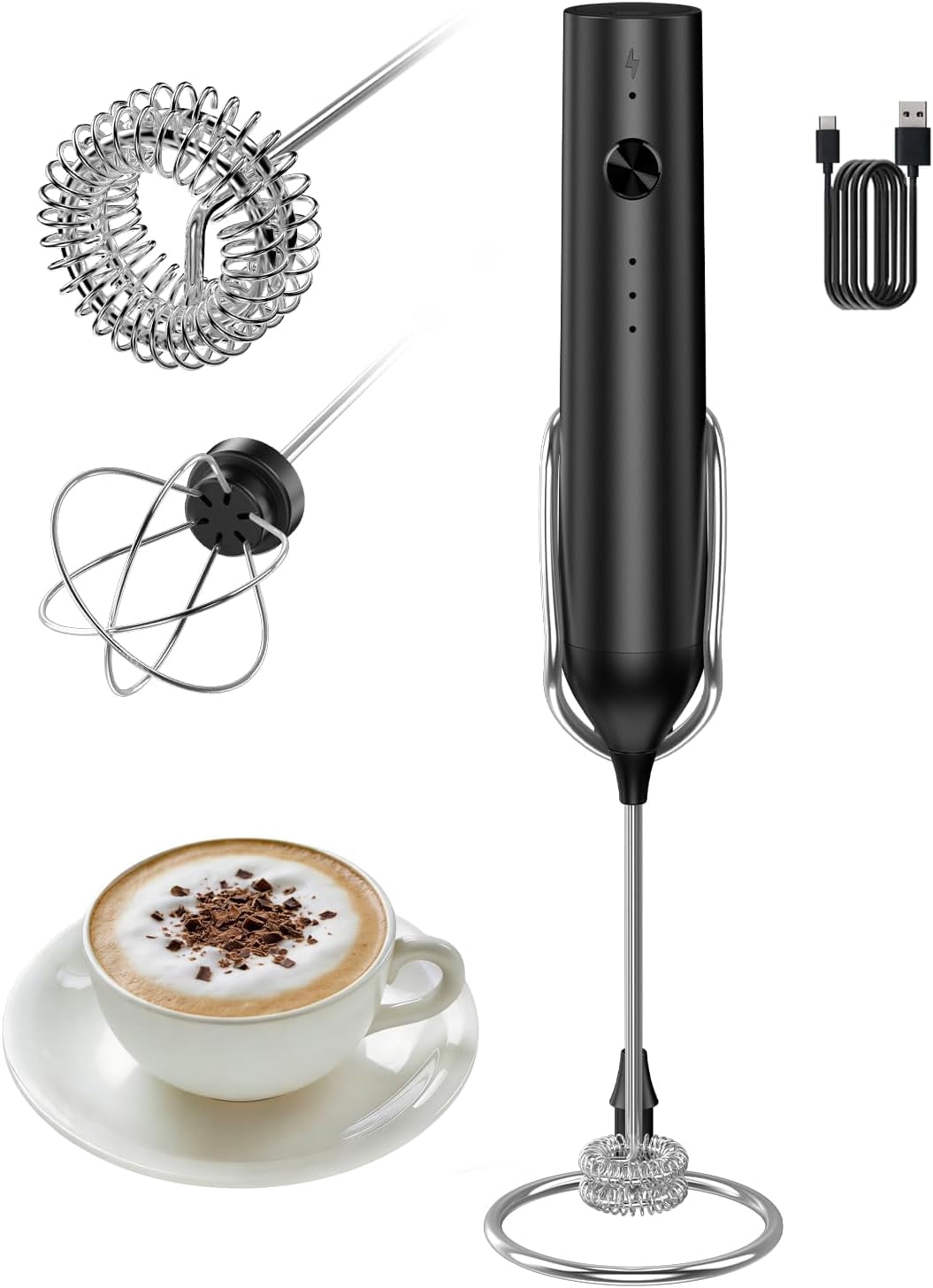 Rechargeable Milk Frother Handheld, Electric Whisk with 3 Speeds, Hand Drink Mixer with 2 Heads, Portable Coffee Frother Wand Handheld for Coffee, Lattes, Cappuccino, Eggs (Black)