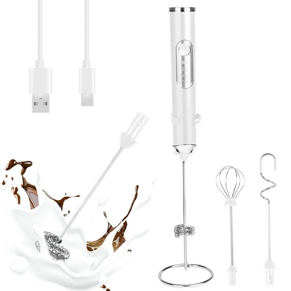 Rechargeable Milk Frother Handheld Foam Maker with 3 Stainless Whisk,Electric Whisk 3 Speed Adjustable,Coffee Frother for Coffee Cappuccino,Latte,Bulletproof Coffee,Keto Diet,Matcha,White