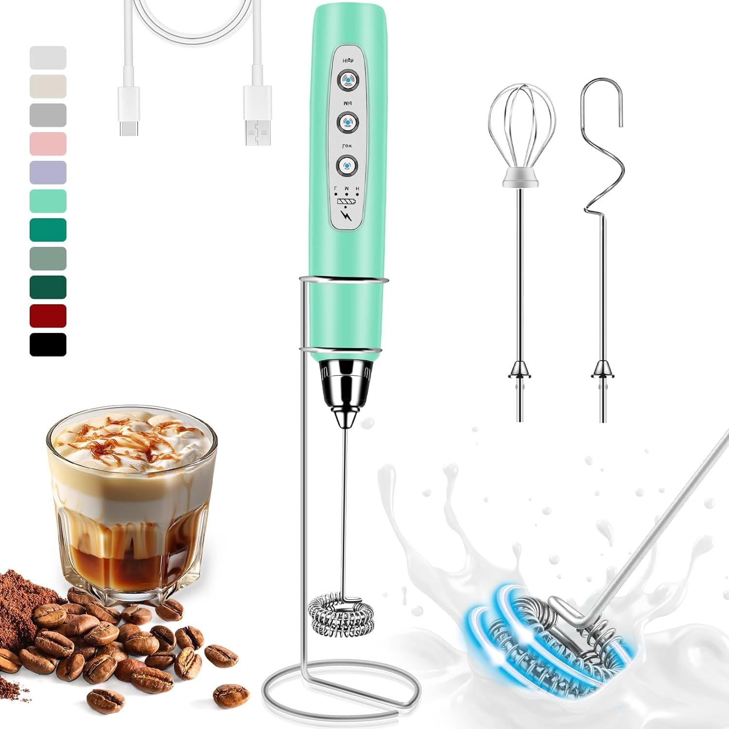 VOMELON Handheld Milk Frother - Rechargeable With 3 Whisks For Coffee & More