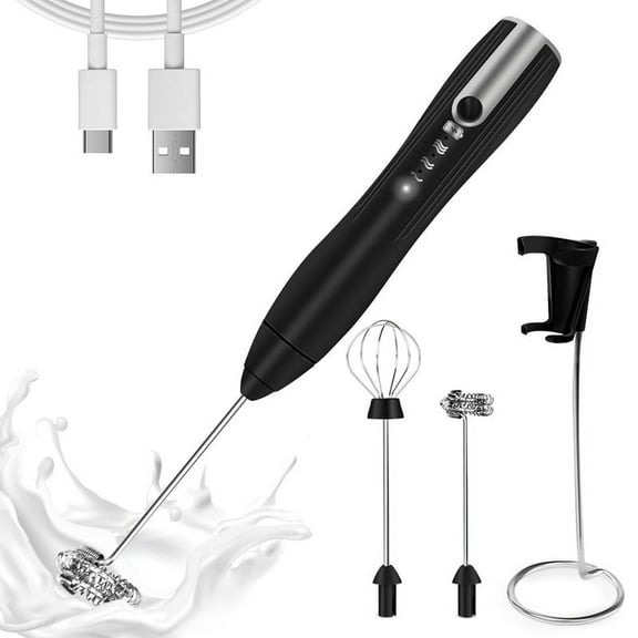 Rechargeable Milk Frother Handheld with 3 Speeds, Powerful Whisk Drink Mixer with 2 for Coffee, Foam Maker Black
