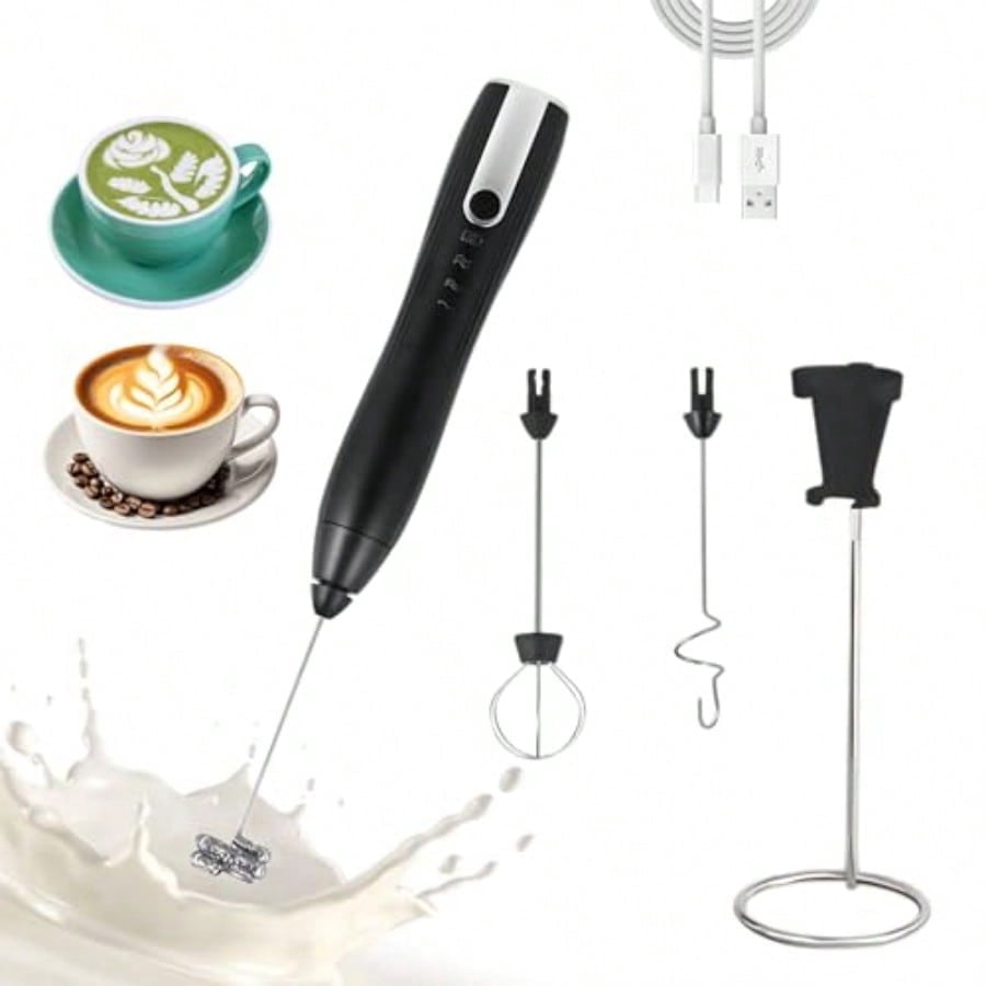 Rechargeable Milk Frother HandheldKitchen Essentials Hand Mixer with 3 Stainless Whisks Heads Electric Whisk Frother for Latte Cappuccino Matcha Egg Milk Powder with Stand black