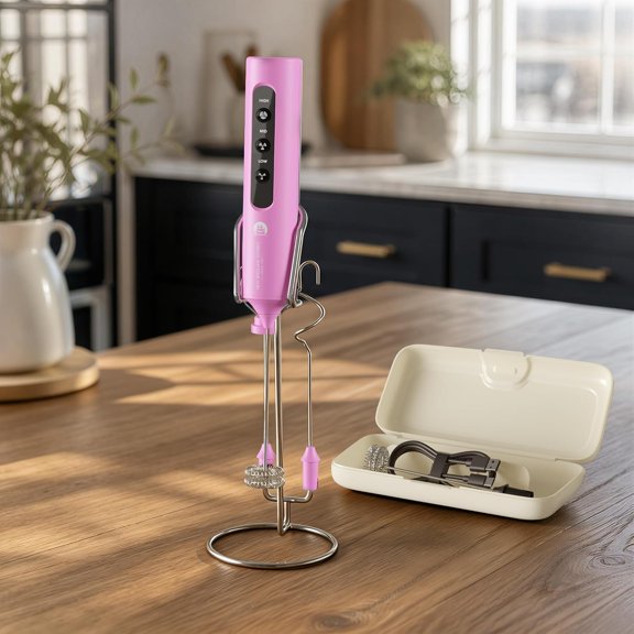 Rechargeable Milk Frother with Stand, 4 Interchangeable Whisks & Travel Case – Handheld Mixer for Lattes, Matcha, Hot Chocolate, Eggs & Protein Shakes