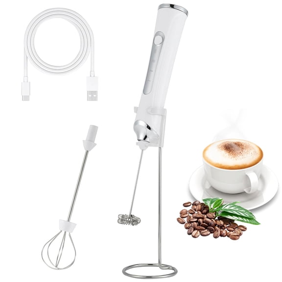 Rechargeable Milk Frother Wand, 3-Speed Handheld Mixer, Easy-Clean Stainless Steel, 2 Heads, for Coffee Lattes & Blending White