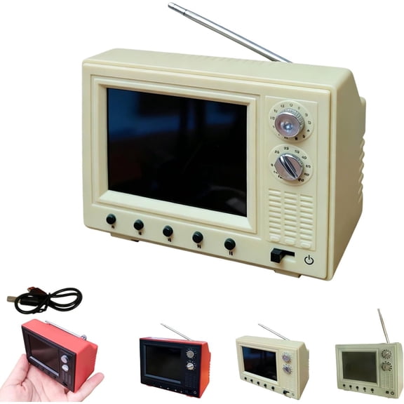 Rechargeable Mini Retro TV Player, Cute Portable Vintage TV with USB Headphone for Desktop Decor and Collection-white