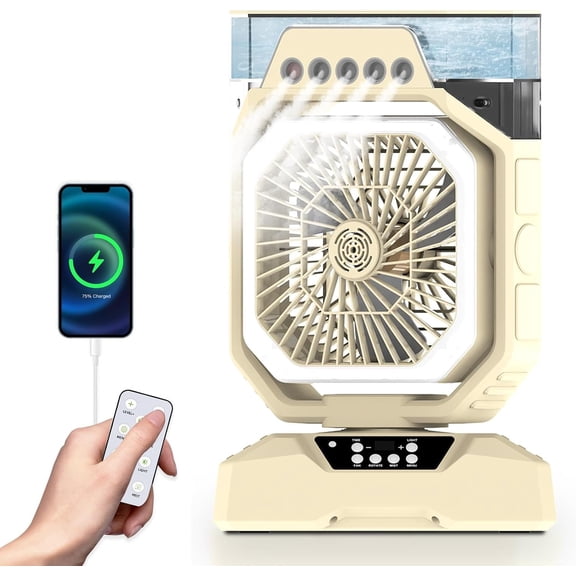 Rechargeable Mist Fan with 5 Nozzles, 27000mAh Power , LED Light, Aroma Diffuser, Remote & Oscillation - Stay Cool Anywhere Indoors or Outdoors (Biege)