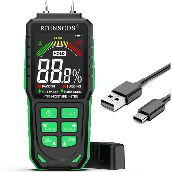 Rechargeable Moisture Meter for Wood, Drywall & Flooring Pin-Type Moisture Detector with Replaceable Pins, Hold Function & Custom Wood Settings