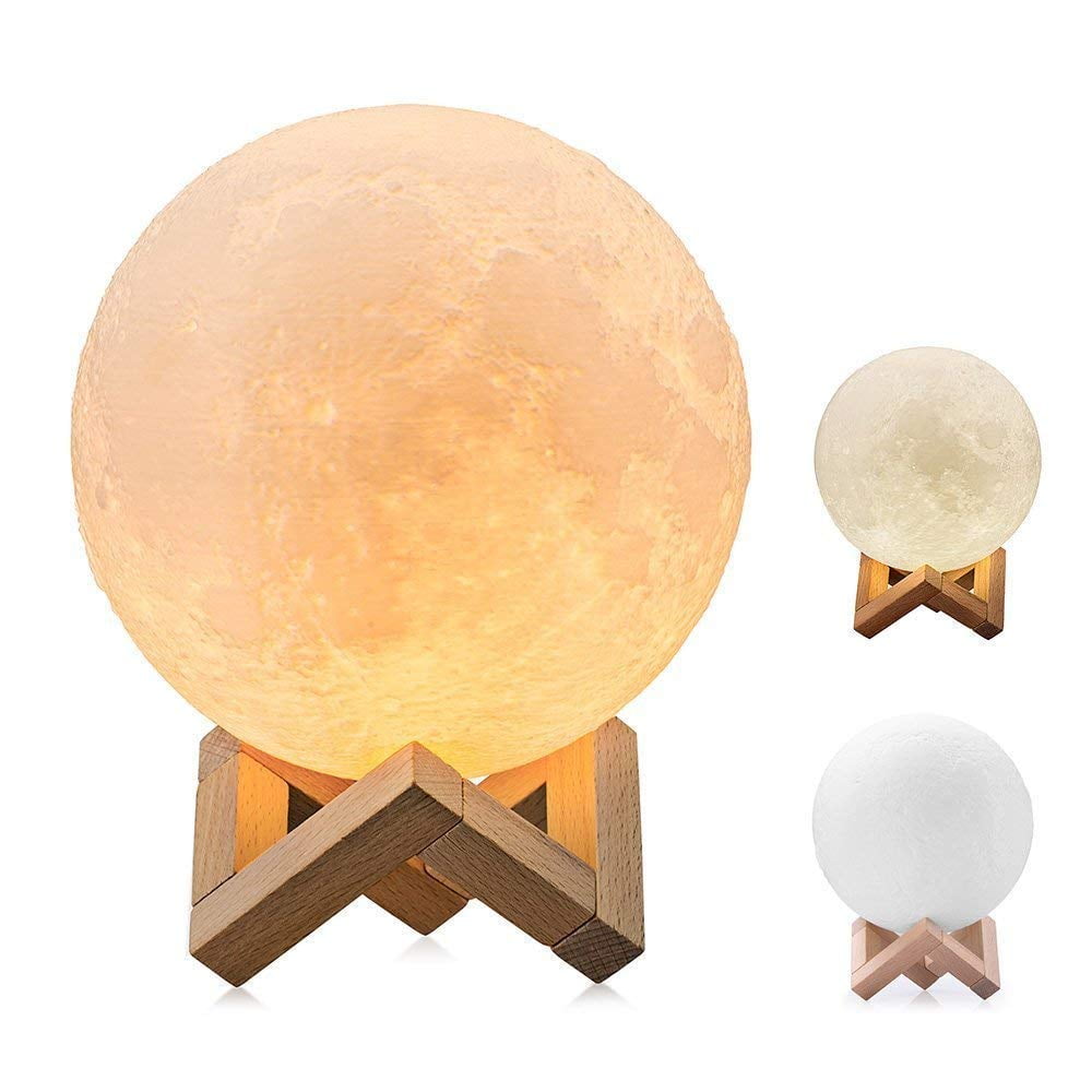 Rechargeable Moon Lamp with Touch Control Adjust Brightness with Wooden Stand 3D Print Gift for Home Decor