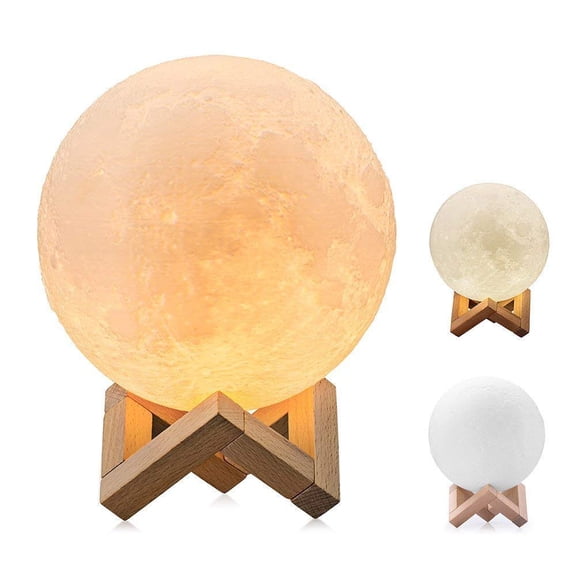 Rechargeable Moon Lamp with Touch Control Adjust Brightness with Wooden Stand 3D Print Gift for Home Decor