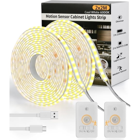 Rechargeable Motion Sensor COB LED Lights Strips, 2 Pack 6.56FT Motion Activated Under Cabinet LED Strip Lights 2200mAh   Under Cabinet Strip Lighting  for Kitchen Closet Pantry