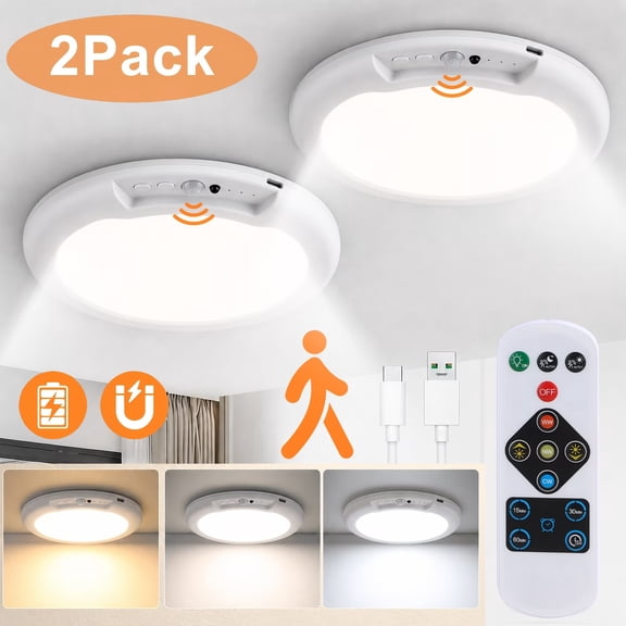 Rechargeable Ceiling Light with Motion Sensor and Remote 7.5 in , Wireless Magnetic LED Light, 3 Color Temps, 10-Level Dimming for Closet, Hallway and Storage Room,2 Pack