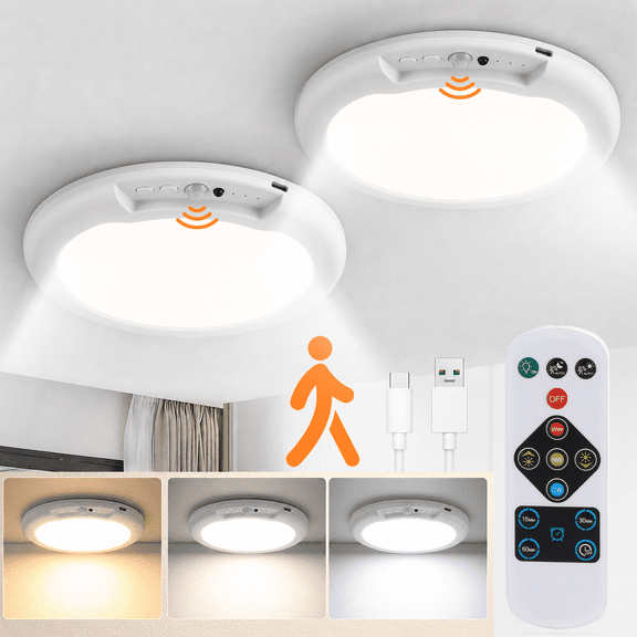 Rechargeable Ceiling Light with Motion Sensor and Remote 7.5 in , Wireless Magnetic LED Light, 3 Color Temps, 10-Level Dimming for Closet, Hallway and Storage Room,2 Pack