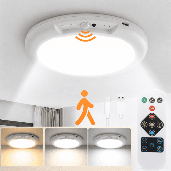 Rechargeable Ceiling Light with Motion Sensor and Remote 7.5 in , Wireless Magnetic LED Light, 3 Color Temps, 10-Level Dimming for Closet, Hallway and Storage Room