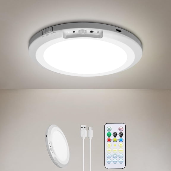Recharable Motion Sensor Ceiling Light Indoor Outdoor w/Remote, 7.08 Inch Battery Operated Flush Mount Ceiling Light 3000K 4000K 6000K 400LM Dimmable for Closet Hallway Laundry Stairs (1)
