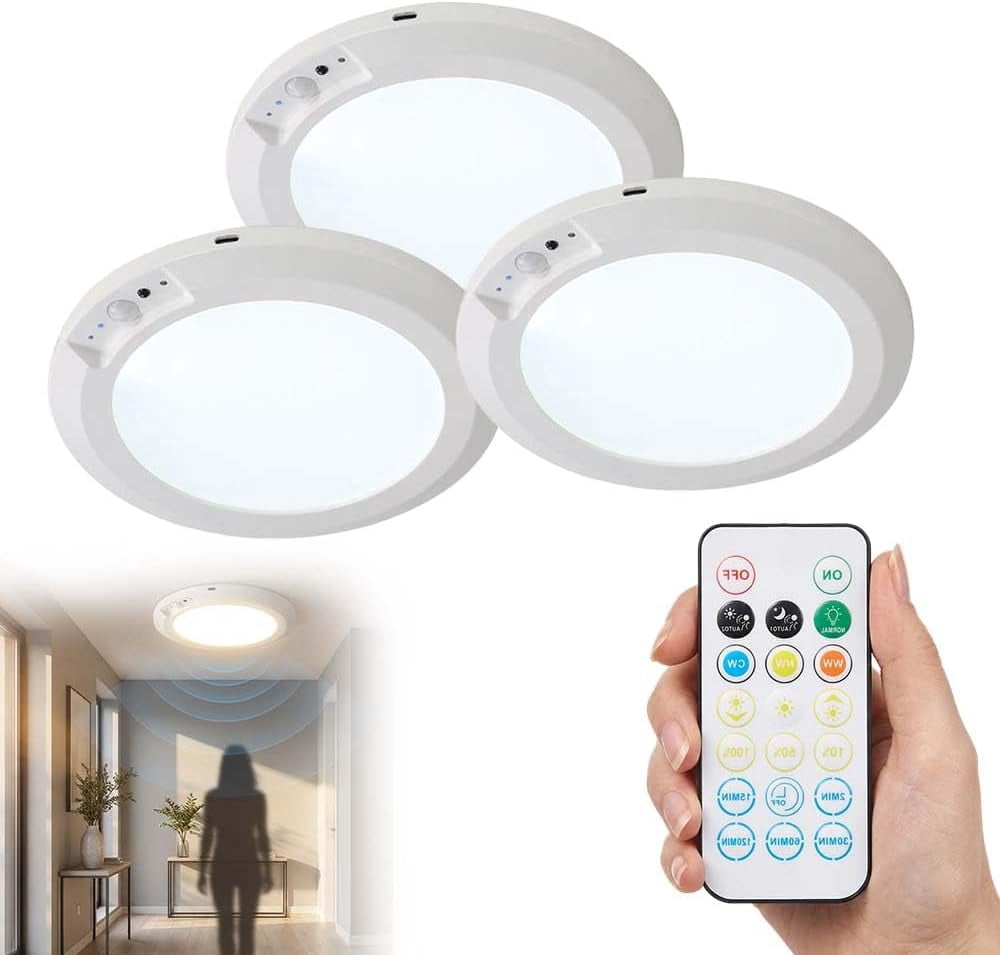 Rechargeable Motion Sensor Ceiling Light with Remote, 3 Color ...