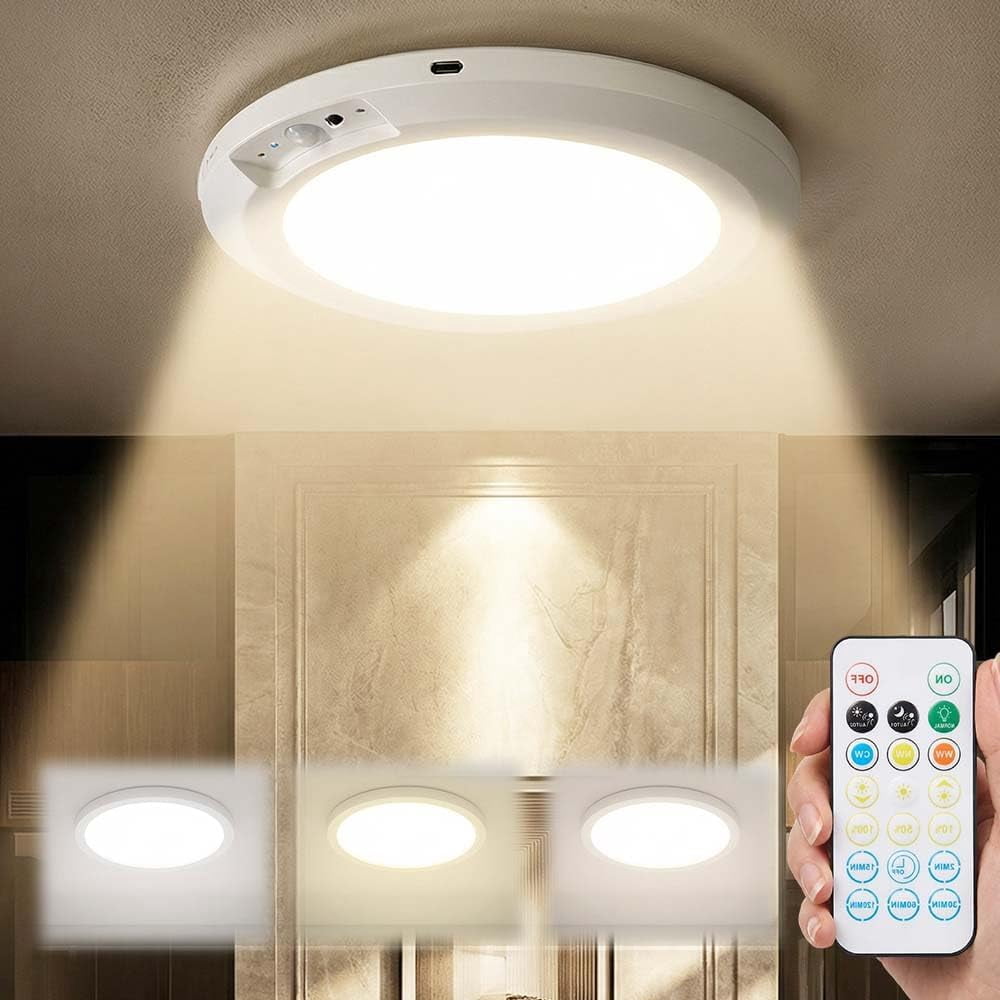 Rechargeable Motion Sensor Ceiling Light with Remote, 3 Color Temperatures Wireless Ceiling Light, Magnetic Battery Operated Ceiling Light for Closet Hallway Stairs Garage (1)