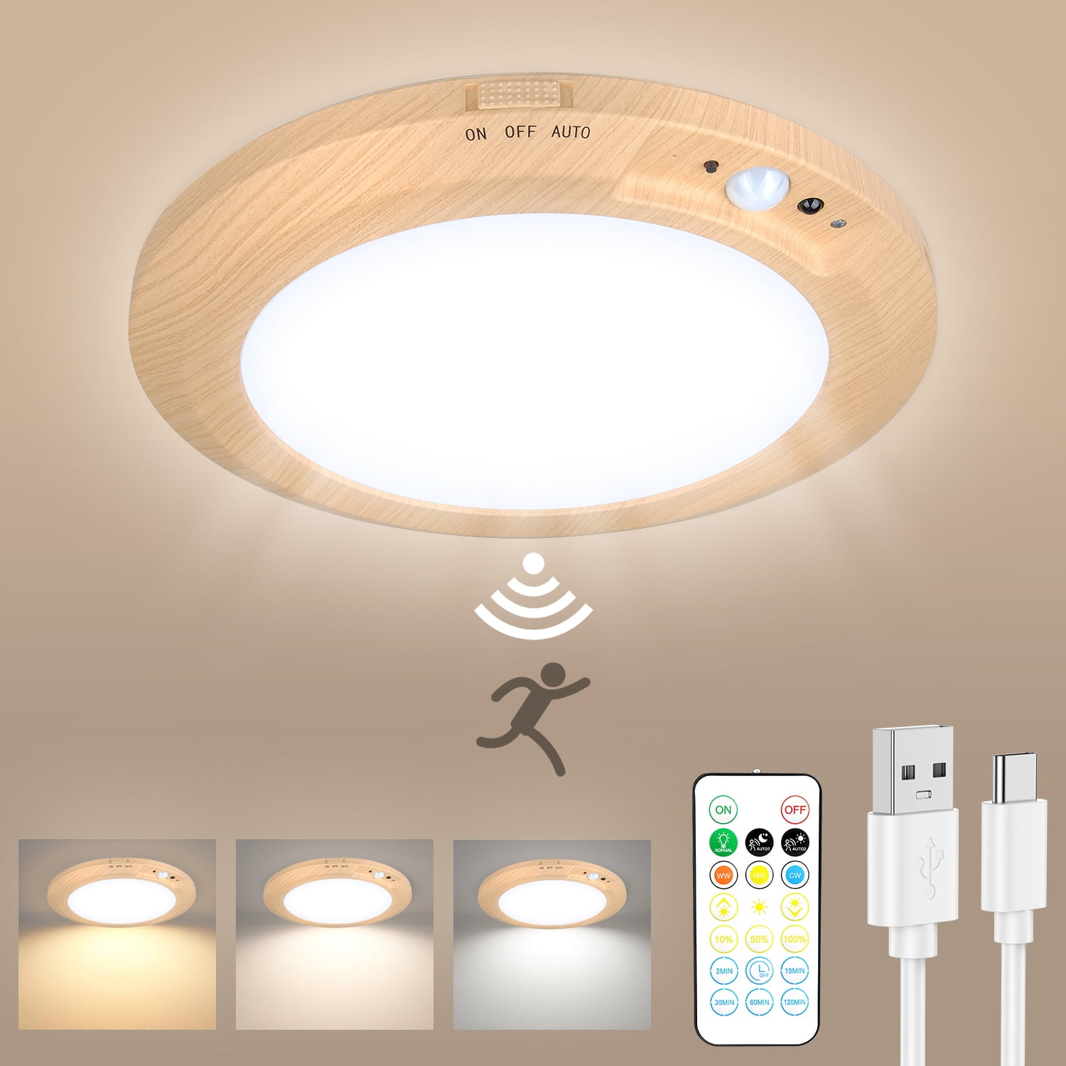 Rechargeable Motion Sensor Ceiling Light With Remote Control,10000m-Ah ...