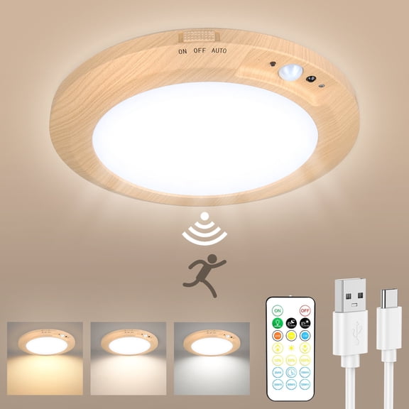 Rechargeable Motion Sensor Ceiling Light With Remote Control,10000m-Ah Battery Operated Closet Light,Magnetic Timing LED Shower Lights,Ceiling Lamp for Bathroom Pantry Shed Hallway Porch, Wood Color