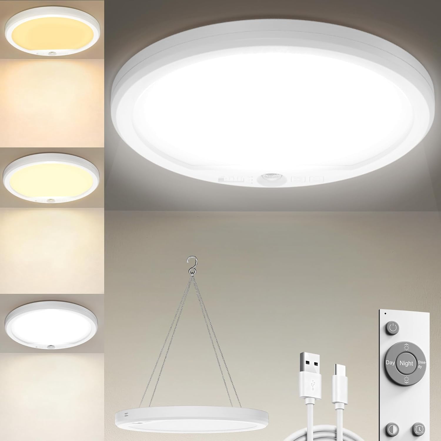 Rechargeable Motion Sensor Ceiling Light with Remote, Rechargeable 3 Colors Ceiling Lights, Magnetic Wireless LED Closet Lamp,Battery Powered for garage Shower Stairs