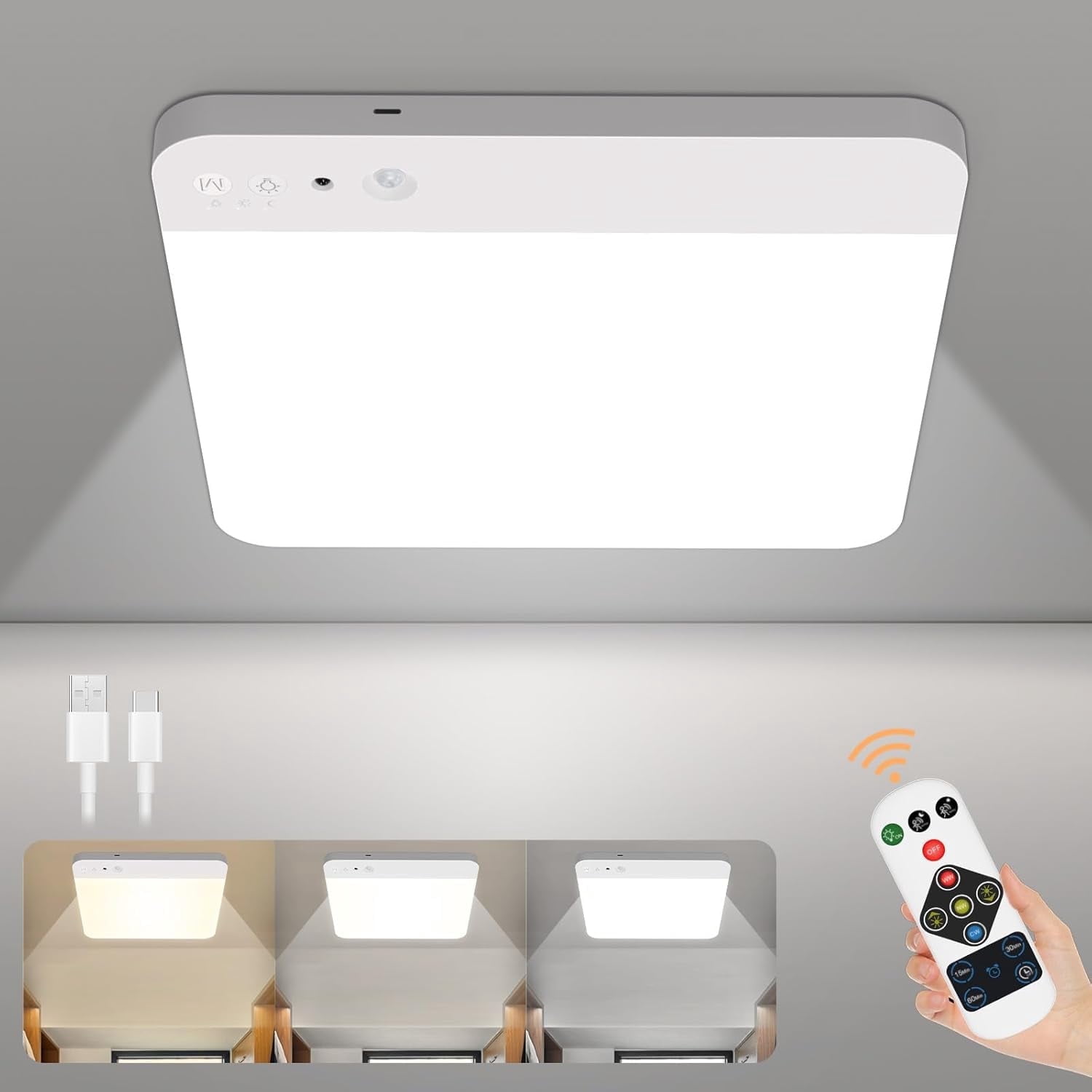 Rechargeable Motion Sensor Ceiling Light with Remote, Wireless Ceiling Lights Battery Operated Closet Light, 3 Colors Temperatures LED Shower Light for Bathroom,Stairs,Hallway,Garage,1pcs