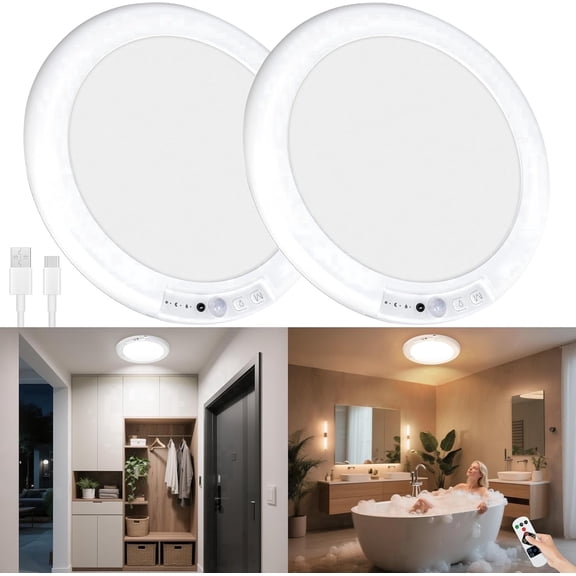 Rechargeable Motion Sensor Ceiling Light, Wireless Ceiling Lights Battery Operated Closet Light with Remote, 500LM 3000K/4500K/6500K, 0.55″ Ultra Thin Lights for Bathroom Hallway Pantry, 2 Pack