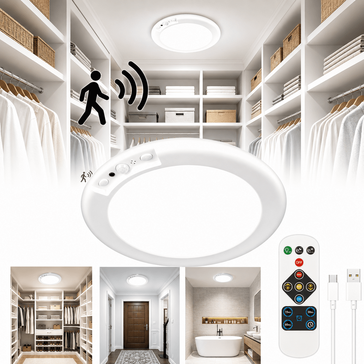 Rechargeable Motion Sensor Ceiling Light, Wireless Ceiling Lights Battery Operated Closet Light with Remote, 500LM 3000K/4500K/6500K, 0.55″ Ultra Thin Lights for Bathroom Hallway Pantry, 1 Pack
