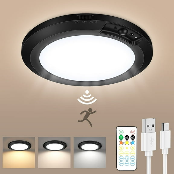 Hootek Rechargeable Motion Sensor Ceiling Light With Remote Control,10000mAh Battery Operated Closet Light,Magnetic Timing LED Shower Lights,Ceiling Lamp for Bathroom Pantry Shed Hallway Porch, Black