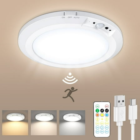 Hootek Rechargeable Motion Sensor Ceiling Light With Remote Control,10000mAh Battery Operated Closet Light,Magnetic Timing LED Shower Lights,Ceiling Lamp for Bathroom Pantry Shed Hallway Porch, White