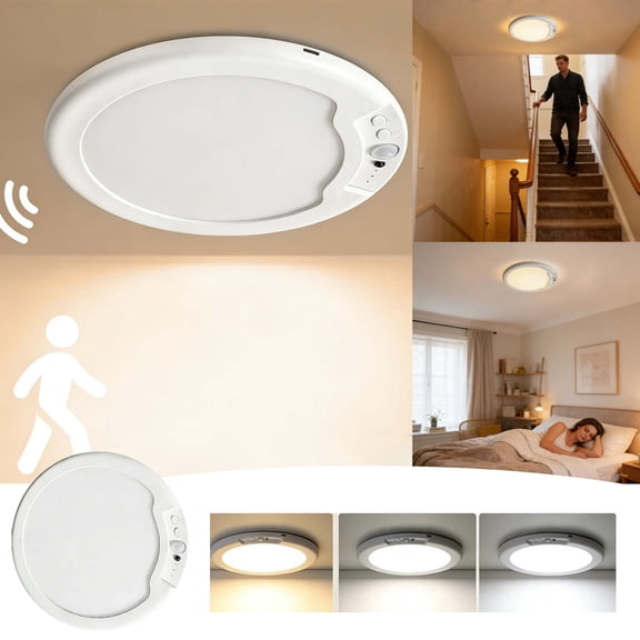 Rechargeable Motion Sensor LED Ceiling Light – Wireless Battery-Powered Ceiling Lamp with Remote, 3 Color Temperatures & Dimmable, for Stairs, Hallways, Closets & Bathrooms
