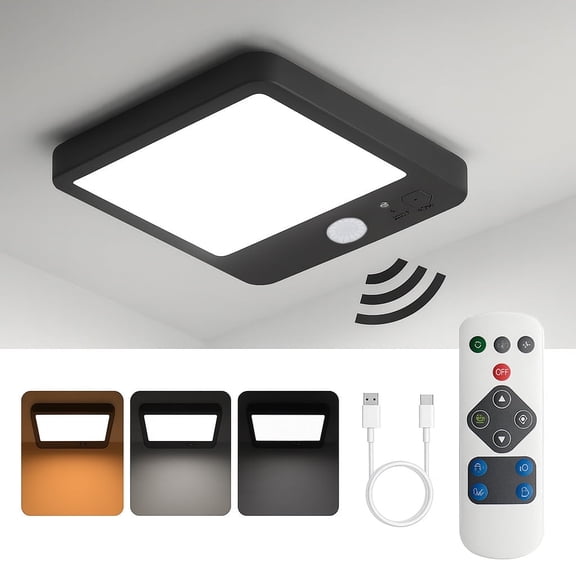 Rechargeable Motion Sensor Lights, Battery-Operated Wireless Closet Lights with Remote, Indoor Ceiling Light Fixture for Hallway, Low Profile, Black, Sqaure