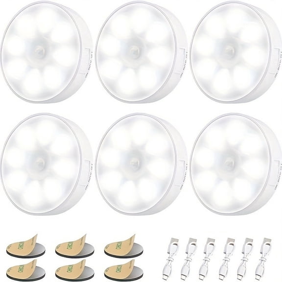 Entchin Rechargeable Motion Sensor Night Light, 6-Pack Magnetic Stick-On LED Puck Lights with Auto ON/OFF, 3 Modes, USB Charging for Closet, Stairs, Bedroom, Hallway, Cabinet