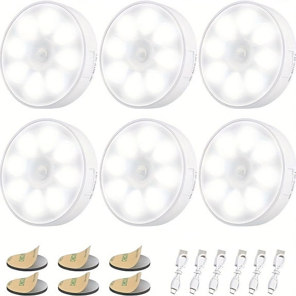 Rechargeable Motion Sensor Night Light, 6-Pack Magnetic Stick-On LED Puck Lights with Auto ON/OFF, 3 Modes, USB Charging for Closet, Stairs, Bedroom, Hallway, Cabinet