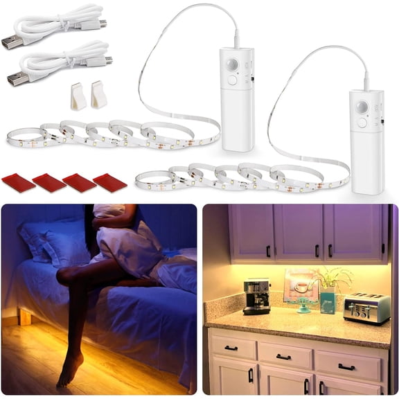 Rechargeable Motion Sensor Strip Light, LED Closet Lights,Upgraded Battery Operated LED Strip Light for Wardrobe,Stair,Pantry,Cupboard,Bed,Locker,2700K Warmwhite,6.56ft,2 Pack